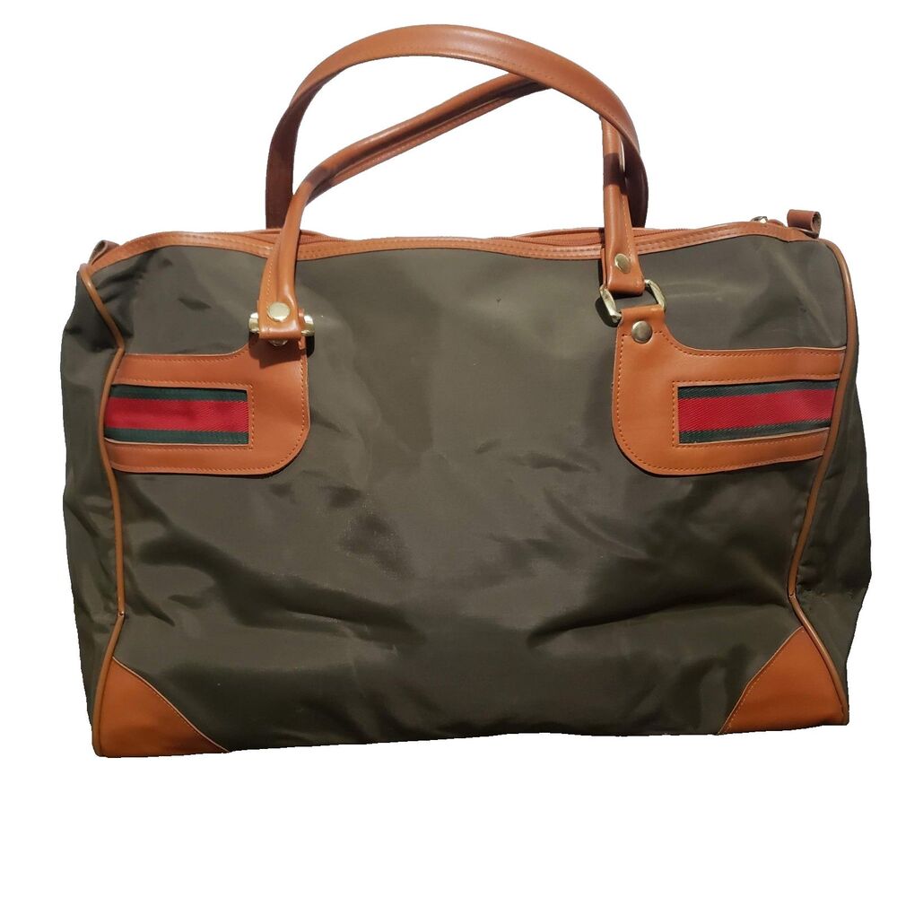 Vtg RARE Mr. Roberts Designer Luggage Carry On Travel Bag Olive Brown Stripe